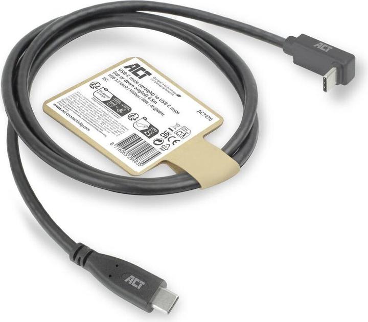 Produktbild ACT USB 3.0 10Gbps 60W USB Type-C« (straight) to USB Type-C« (up/down angled) Cable, 1 meter (1 m, USB 3.2 Gen 2, 60 W)