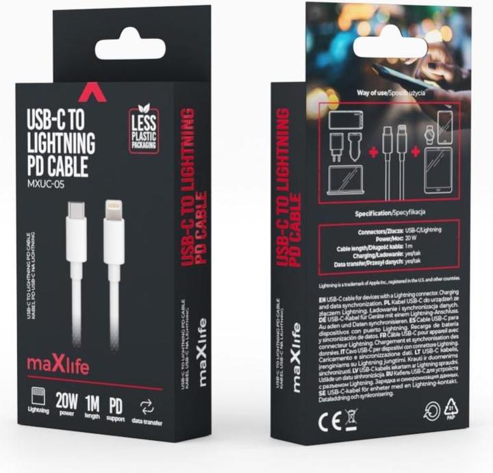 Produktbild Maxlife USB C – Lightning (1 m, USB 2.0, 20 W)