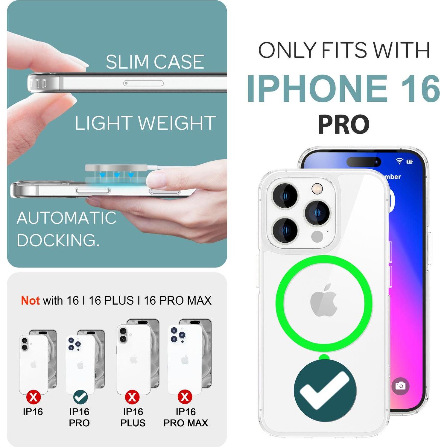 Thumbnail - Nalia Klare Hart Hülle, MagSafe Ring Leuchtet im Dunkeln (Apple iPhone 16 Pro), Smartphone Hülle, Grün