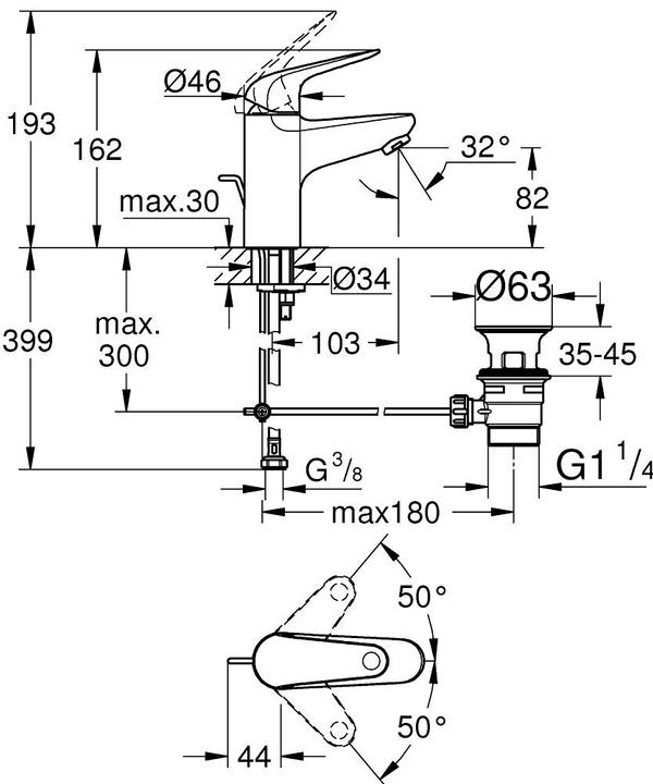 Produktbild Grohe Swift QuickFix Lavaboarmatur, S-Size, 3-in-1 Tool, Zugstange, wassersparend, chrom