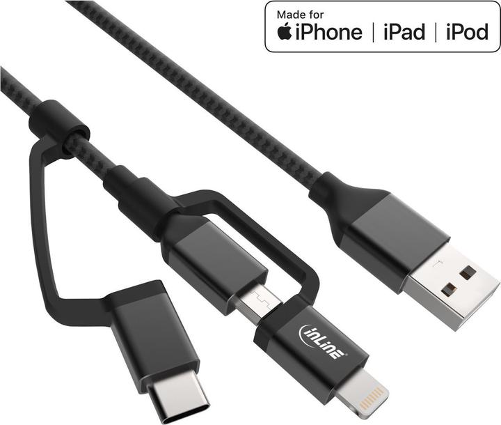 InLine 3in1 USB Kabel A Stecker auf Micro-USB Typ-C und Lightning 1,5m schwarz (1.50 m, USB 2.0)
