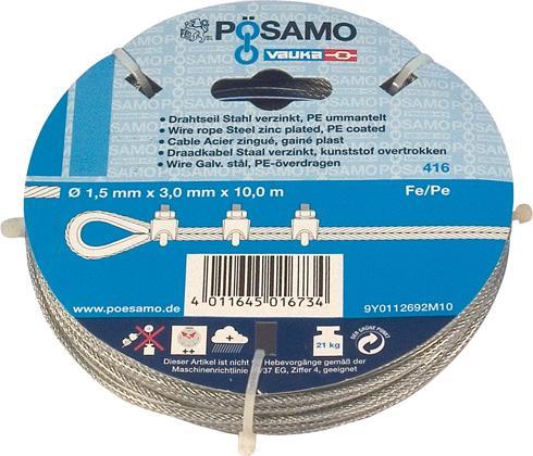 Actual product image Pösamo Psamo 3-5 mm wire rope, 10 m galvanised steel, plasticised, in coils (10 m)
