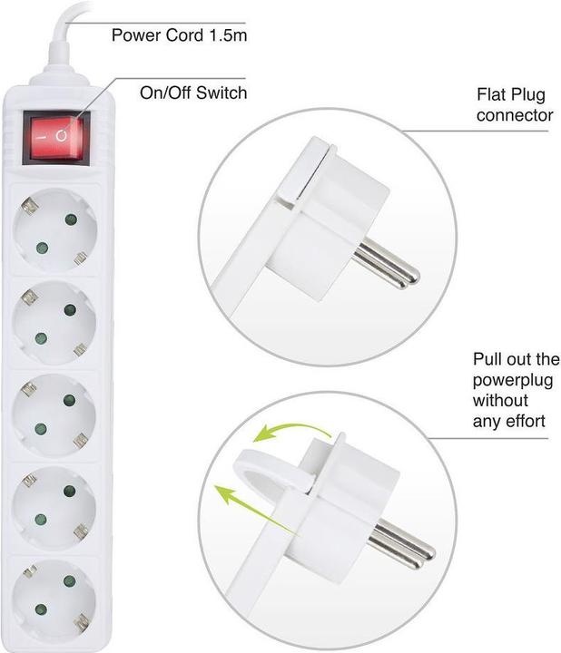 Image du produit ACT Power strip with illuminated switch and flat plug, 5 sockets, 1.5 m, white (5x, 1.50 m)