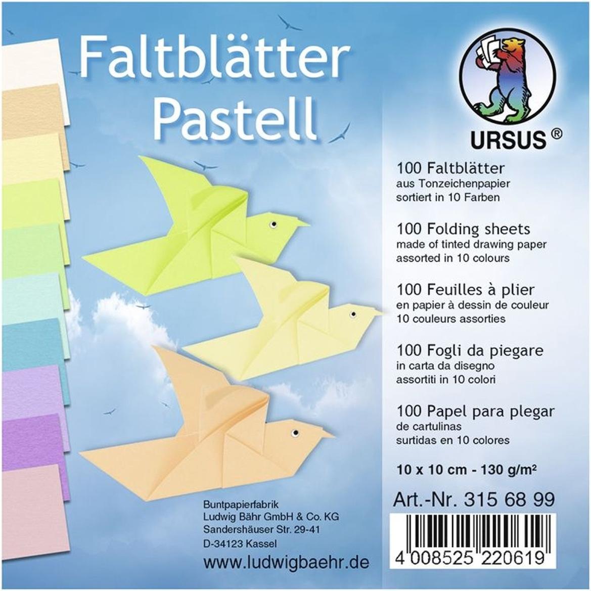 Magni, Bastelpapier, Ursus 3156899 - Faltblätter Pastell, ca. 10 x 10 cm, 130 g/qm, 100 Blatt in 10 verschiedenen Farben...