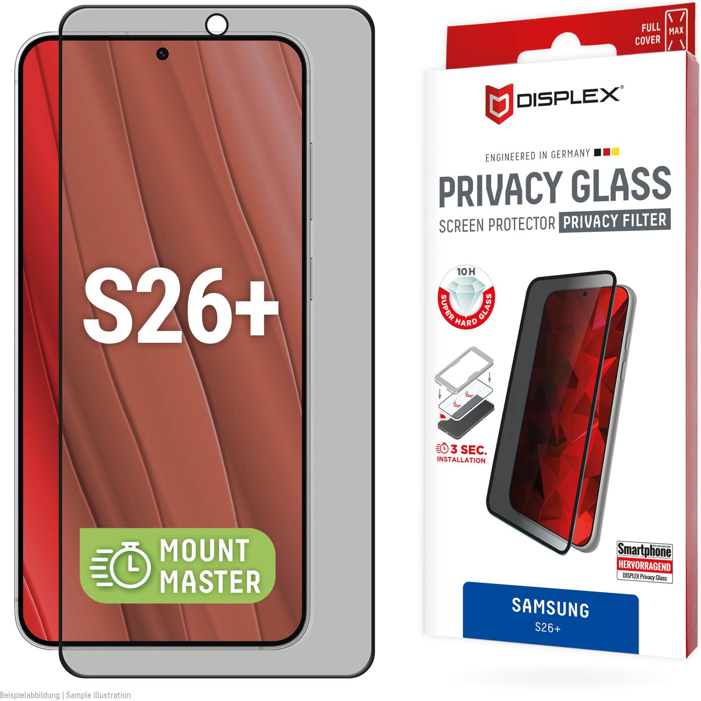 Displex Privacy Glass, Privacy Full Cover Panzerglas, MountMaster (1 pz., Samsung Galaxy S26+), Pellicola protettiva smartphone, Trasparente