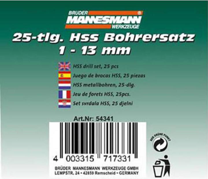 Image du produit Mannesmann Jeu de forets hélicoïdaux HSS 25 pcs. (1 mm, 2 mm, 3 mm, 4 mm, 5 mm, 6 mm, 13 mm, 7 mm, 8 mm, 9 mm, 10 mm, 11 mm, 12 mm)