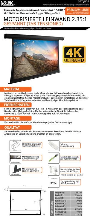 Produktbild Berling Elektrische, gespannte/tensioned Motor-Leinwand 2.35:1, 96" (224x95cm), Premium (96", 2.35:1)