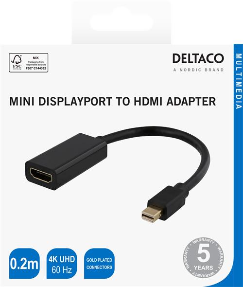 Actual product image Deltaco 00110024 video cable adapter Mini DisplayPort HDMI Black (Mini DP, HDMI, 20 cm)