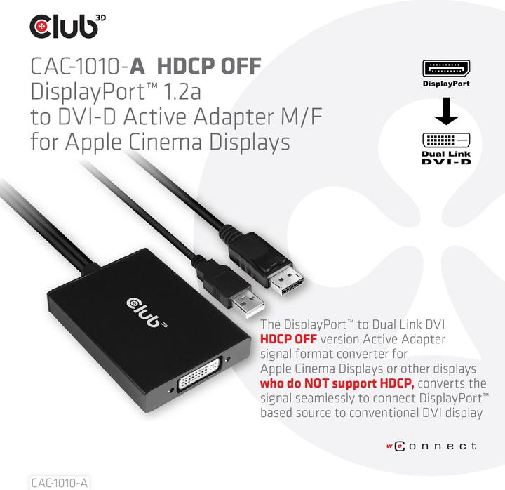 Immagine prodotto Club 3D Da DisplayPort a DVI-D Dual Link HDCP OFF (DVI, 8.20 cm)