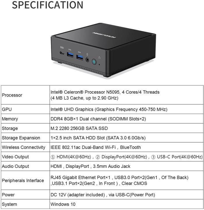 Actual product image Minisforum JB95 Mini PC (Celeron N5095, 8+256GB)