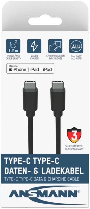 Image du produit Ansmann Câble USB C->C S/S 120cm noir S/S 120cm (1.20 m, USB 3.0, USB 3.1, 60 W)