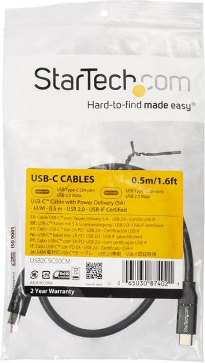 Produktbild StarTech USB-C auf USB-C Kabel mit 5A Power Delivery - St/St - 50cm - USB 2.0 - USB-IF zertifiziert - USB... (0.50 m, USB 2.0, 5 W)