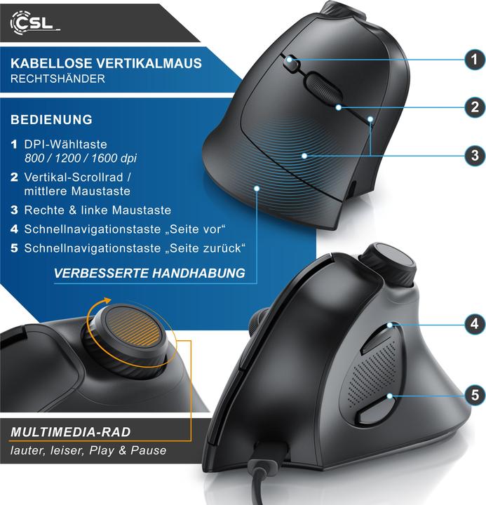 Actual product image CSL Wireless vertical mouse, 2.4 GHz radio, 250dpi, ergonomic wireless mouse, against mouse arm / (Wireless)