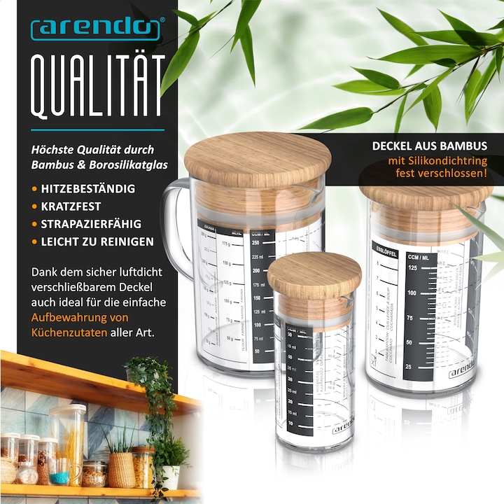 Produktbild Arendo Messbecher-Set, 50 ml, 125 ml & 250 ml aus Glas für Küche, luftdicht, Bambusdeckel, Silikondichtung (250 ml)