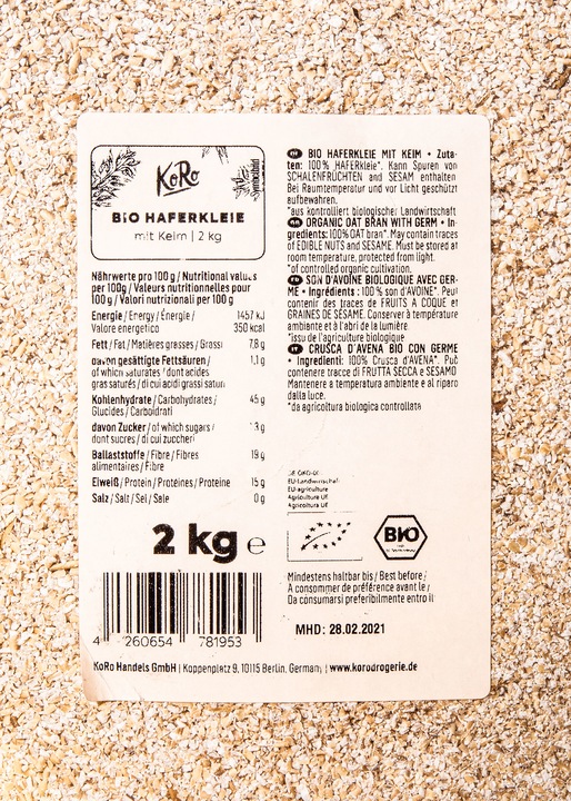 Valori nutrizionali e ingredienti KoRo Crusca di avena biologica con germe (2000 g)