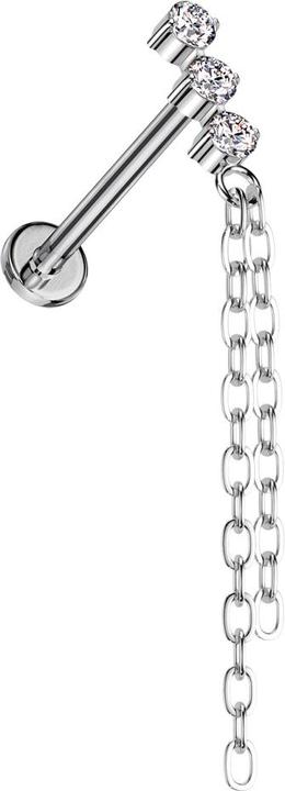Image du produit Star Piercing Micro Labret femelle argenté trois cristaux argenté pendentif deux chaînes (Titane, sans laiton)
