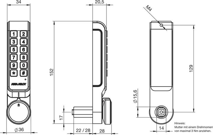 Actual product image Assa Abloy Electronic locker lock ML53PA PIN-vertical long form,TS 16-22mm