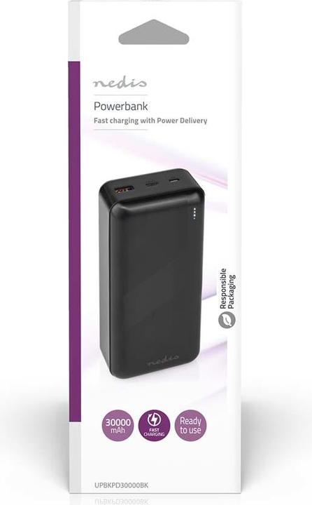 Produktbild Nedis powerbank | 30000 mAh | 1.5 / 2.0 / 3.0 A | Anzahl der Ausgänge: 2 | Ausgangsanschluss: 1x USB (30000 mAh, 20 W, 111 Wh)