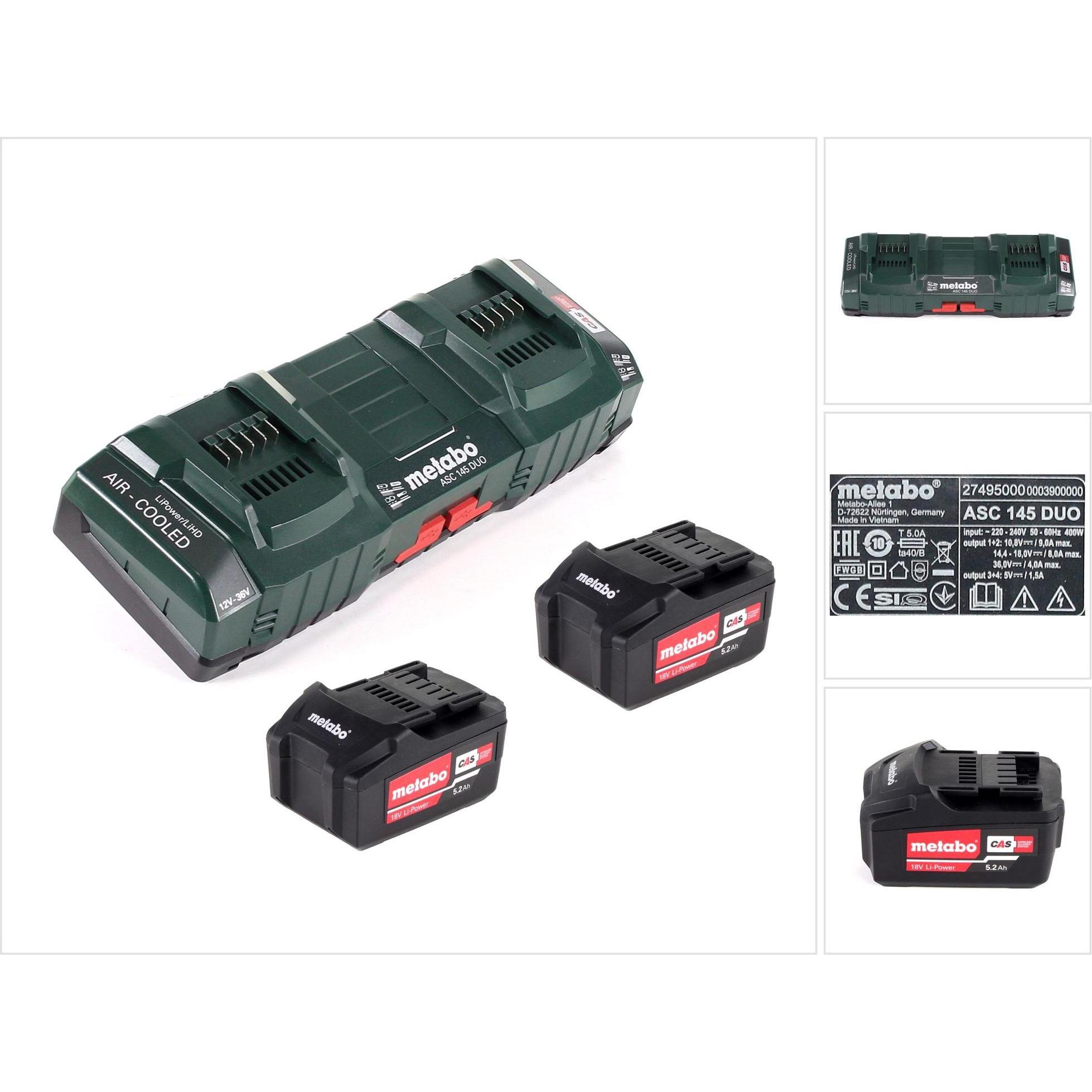 Metabo, Werkzeugakku + Ladegerät, Basis Set mit 2x Akku Li-Power 5,2Ah + ASC 145 DUO Doppelladegerät (18 V)