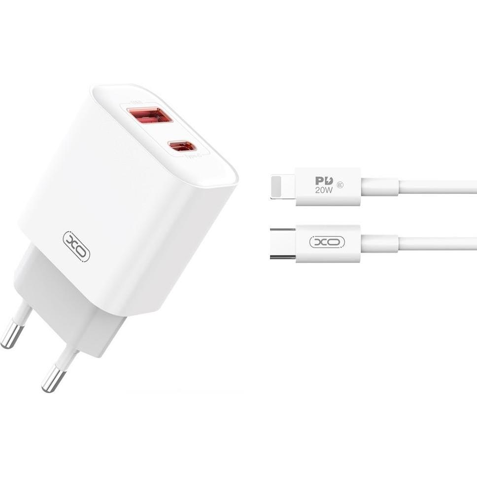 xO Wandladegerät CE12 PD QC3.0 20W 1x USB 1x USB-C weiss + USB-C - Lightning Kabel (20 W), USB Ladegerät, Weiss