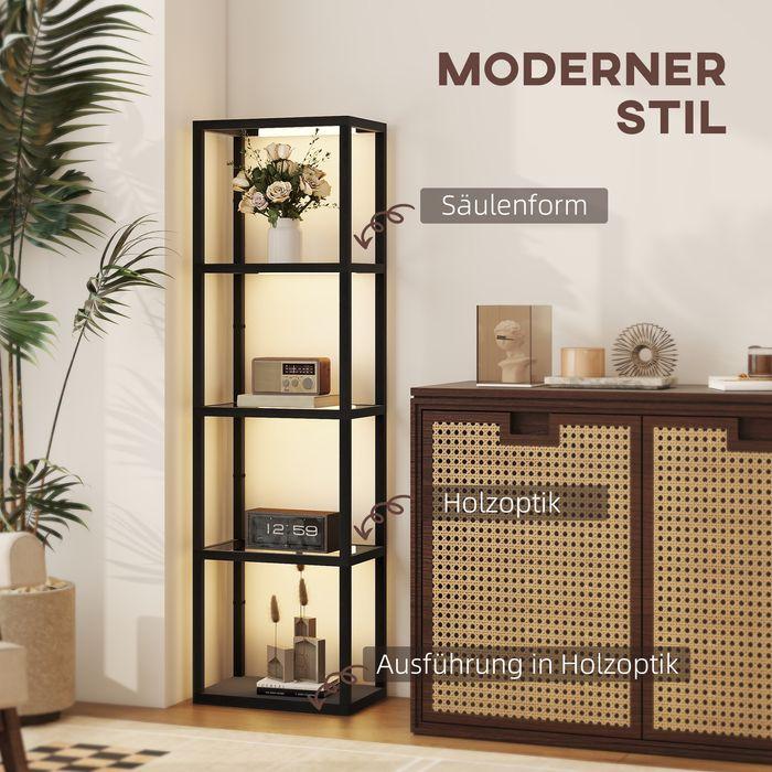 Actual product image Swisshandel24 LED-Stehlampe mit 4-stufigem Regal, Leuchtregal mit 4 Glasfächern, Fussschalter, MDF, Schwarz