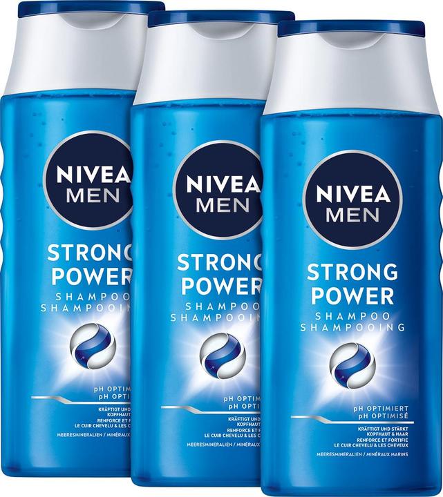 Produktbild NIVEA MEN Strong Power pH-Optimal Shampoo Trio (750 ml, Flüssiges Shampoo)