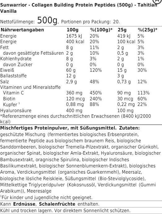 Nährwerte und Zutaten Sunwarrior Collagen Building Protein Peptides Tahitian Vanilla (1 Stück, Pulver, 500 g)