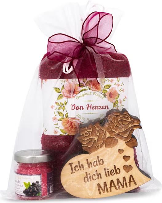 Produktbild ZNatur Geschenkset Zirben Holz Herz mit Gravur MAMA & Badesalz & Tuch No.28 (Körperpflegeset)