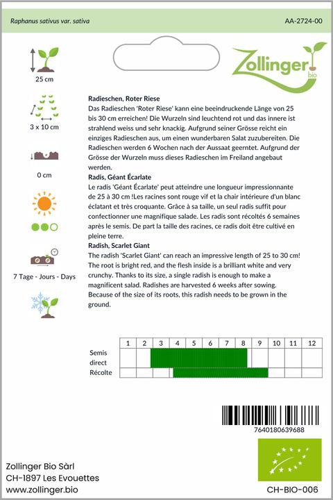 Image du produit Zollinger Bio Radis, géant écarlate (Germes)