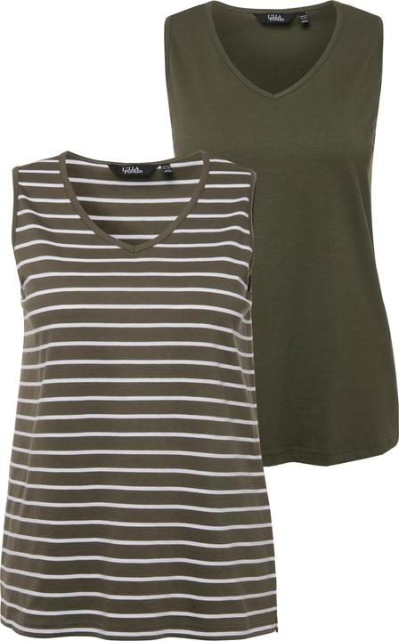 Actual product image Ulla Popken 2 Pack of V-Neck Cotton Knit Tanks - Stripe, Solid (46, 48)