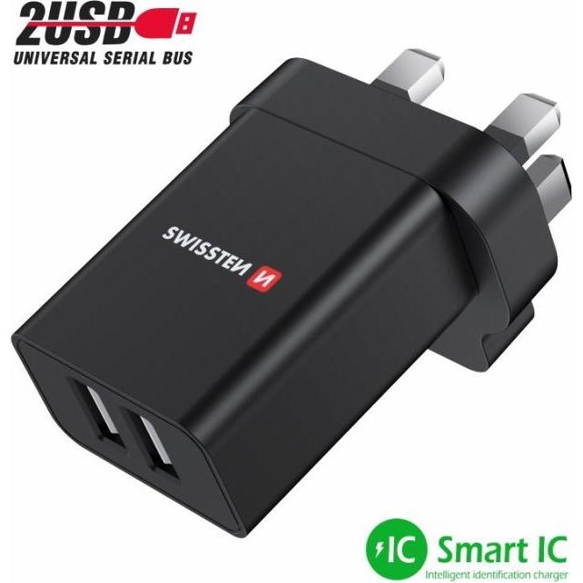 Thumbnail - Swissten Travel Charger 2X USB 10,5W For Uk Socket Black (10.50 W), USB Ladegerät, Schwarz