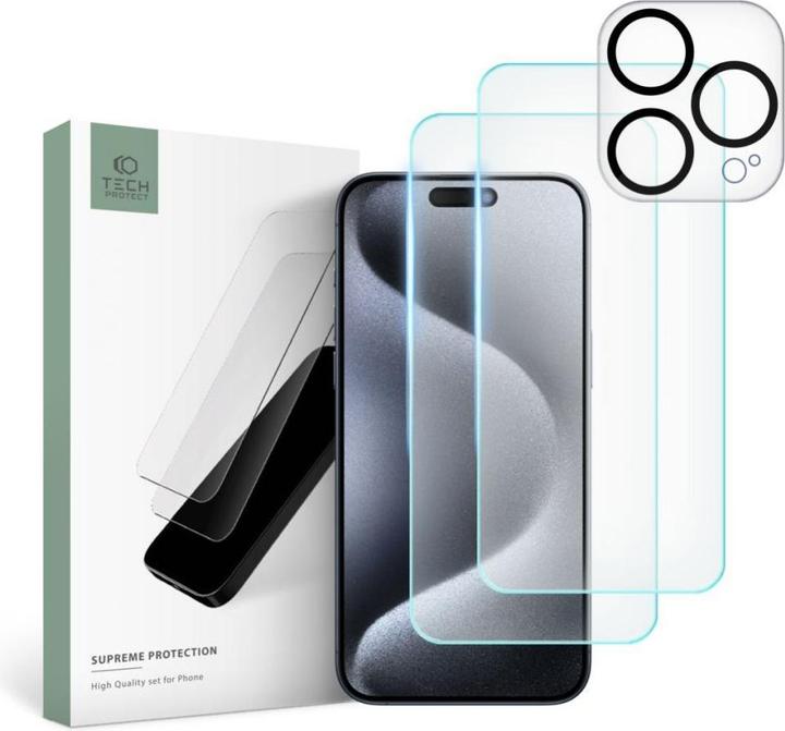 Actual product image Tech-Protect Supreme Set for iPhone 15 Pro 2x Tempered Glass for Display / Tempered Glass for Camera (1 pcs., Apple iPhone 15 Pro)