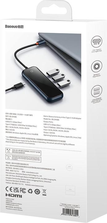 Actual product image Baseus AcmeJoy 4-Port Type-C HUB AdapterType-C to USB3.0*3+Type-C PD&Data *1Dark Gray (USB-C, 4 Ports)