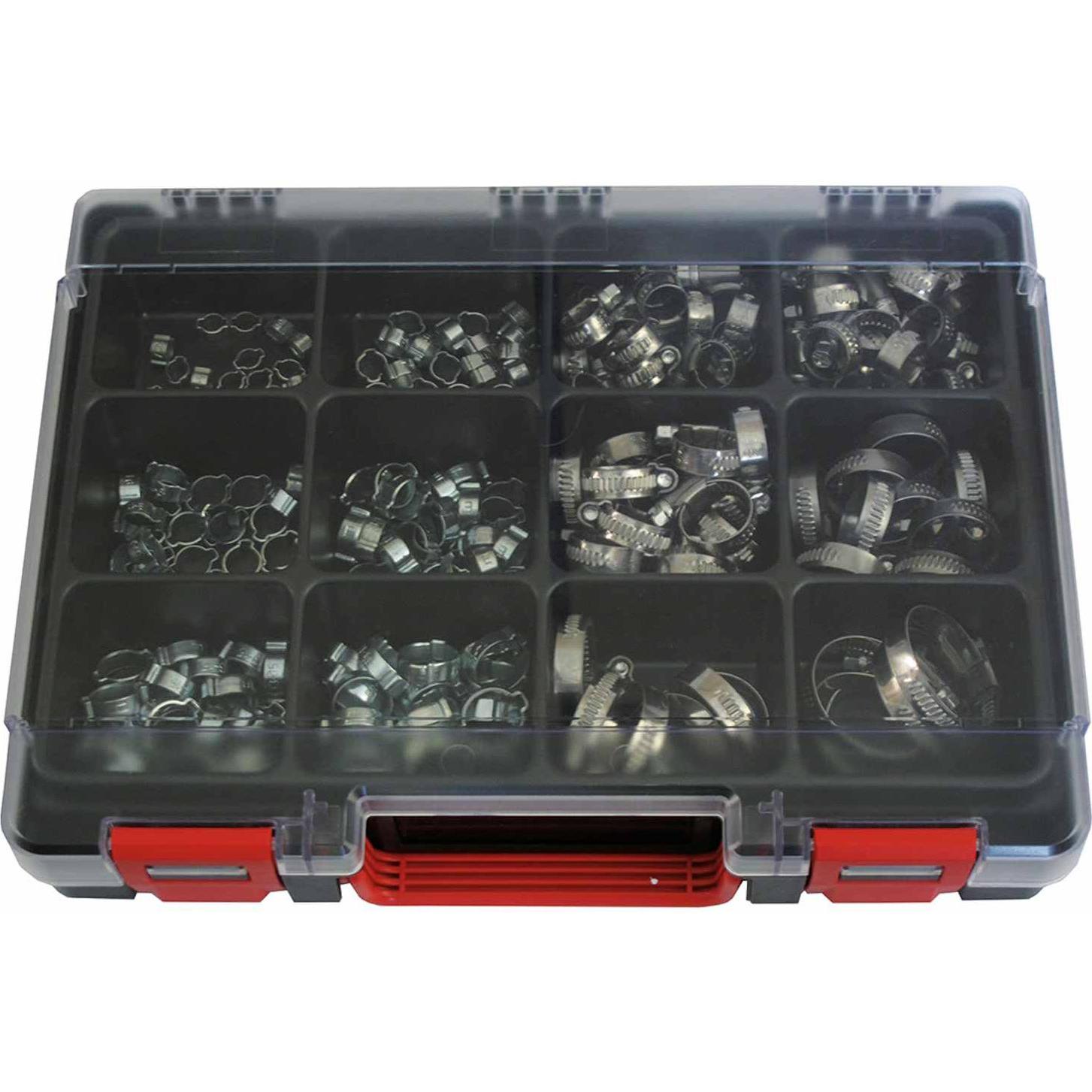 Riegler, Schlauchanschluss + Schlauchverbinder, Schlauchschellensortiment in Ku.-Sortimentsbox 175x 2-Ohr-Klemme 82 Schl...