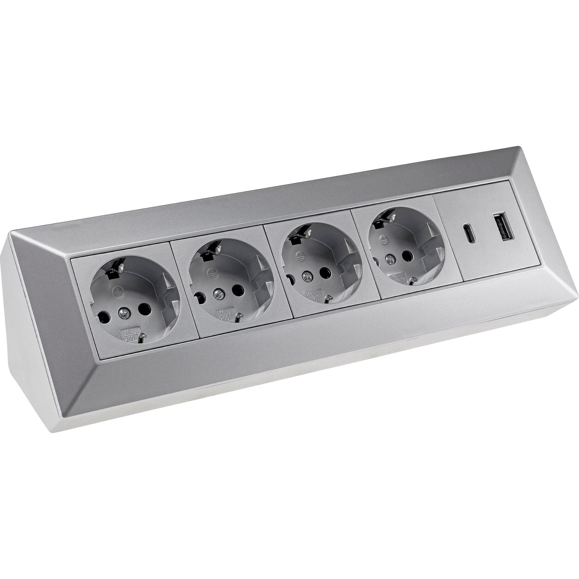 Chilitec, Steckdosenleiste, Steckdosenblock 23789, 4-fach, USB-A+C, 250V/16A, silber