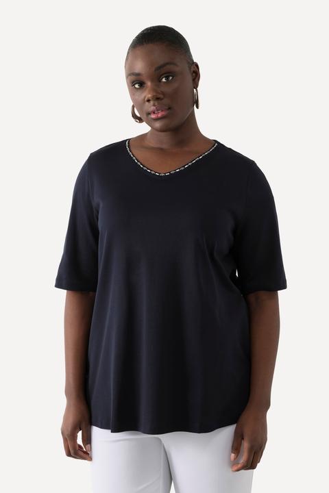 Immagine prodotto Ulla Popken T-shirt dal taglio svasato in cotone Pima con scollo a V e mezze maniche (42, 44)