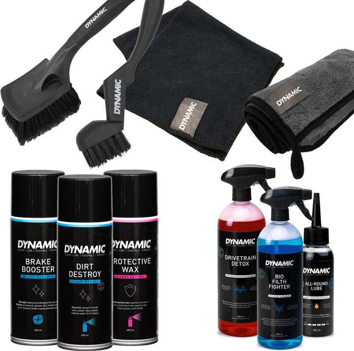 Dynamic Bike Care Super 10 Set (Brush, Degreaser, Sponge, Bicycle cleaner, Chain cleaner, Brake cleaner, Chain oil, Microfibre cloth, Care set)