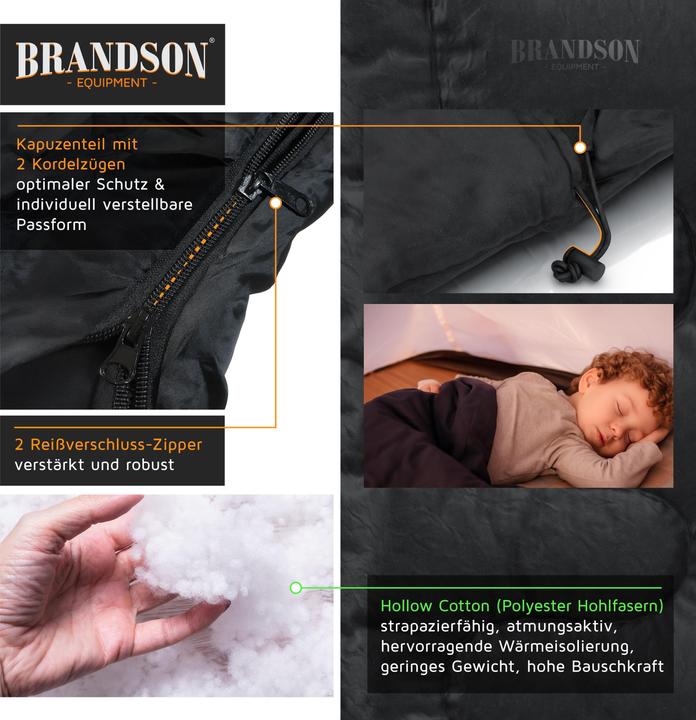 Actual product image Brandson Mumien-Schlafsack, Outdoor, Winterschlafsack bis -18°C, 2 Kordelzüge für Gesicht und Hals, schwarz (220 cm)