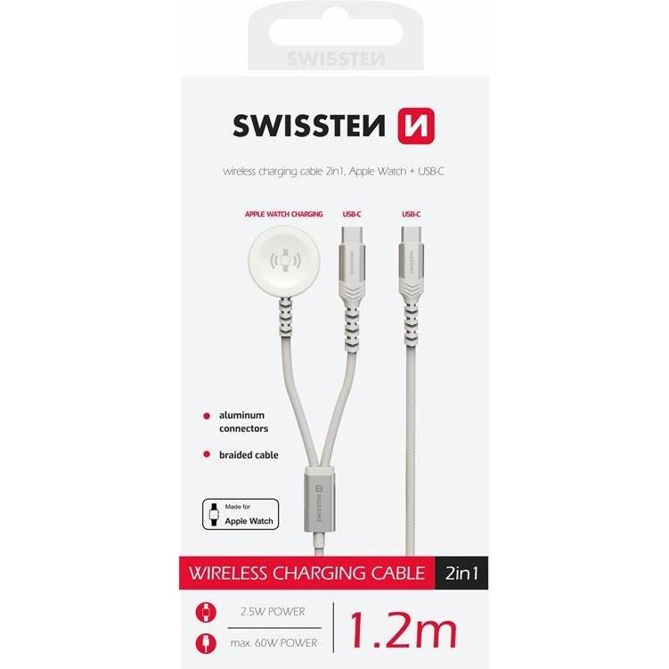 Thumbnail - Swissten Wireless Charger 2In1 For Apple Watch And USB-C, USB-C 1.2 M White, Smartwatch Zubehör, Weiss