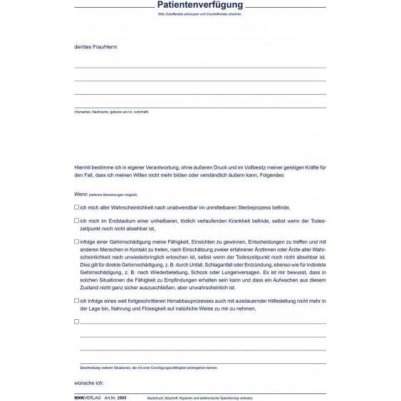 Rnk, Formular, Verlag Patientenverfügung Formulare 2895 (10 x)