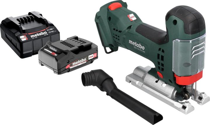 1x Sechskantschlüssel, 1x Absaugstutzen, 1x Metabo STA 18 LTX 100 Akku Stichsäge, 1x Spanreissschutz-Plättchen, 1x Metabo Li-Power Akkupack 18 V 2,0 Ah Akku, 1x Metabo SC 30 Li-Ion 12 - 18 V Ladegerät