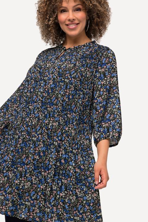 Produktbild Ulla Popken Plissee-Minikleid, Blüten, Rüschen, Stehkragen, 3/4-Arm (54)