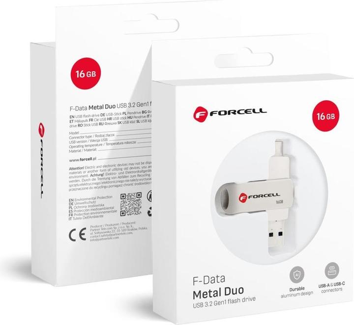 Forcell Memory cards F-DATA pendrive Metal Duo 16GB USB3.2 Gen 1 (USB A / Type C) silver (16 Go, USB-A, USB-C)