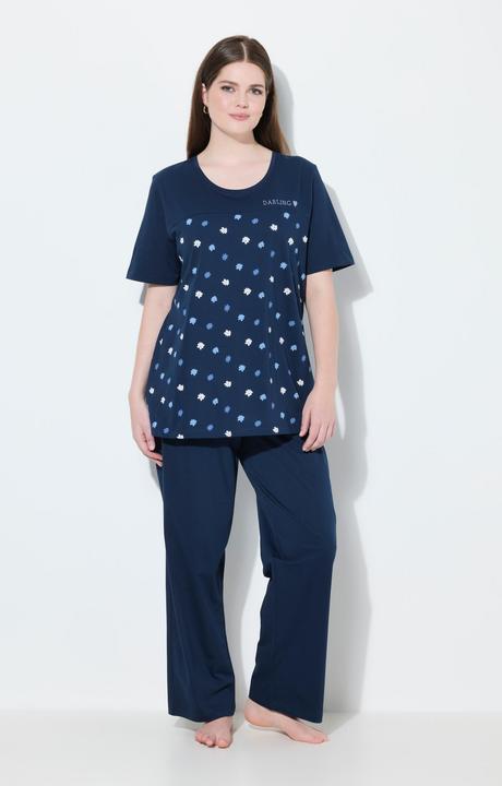 Image du produit Ulla Popken Pyjama 2 pièces, pantalon + haut à fleurs avec broderie, décolleté rond et manches courtes (42, 44)