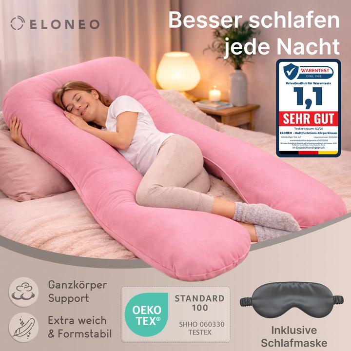 Produktbild Eloneo Seitenschläferkissen mit Bezug, Stillkissen, Schwangerschaftskissen XXL, Rosa (153 x 97 cm)