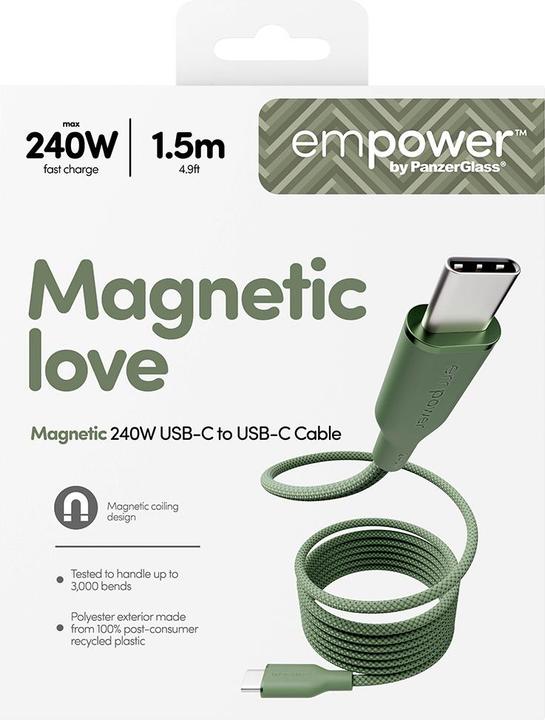 Actual product image PanzerGlass empower™ by ® Magnetic 240W USB-C to USB-C Cable | USB 2.0 | 1.5M | Sage (1.50 m, USB 2.0, 240 W)