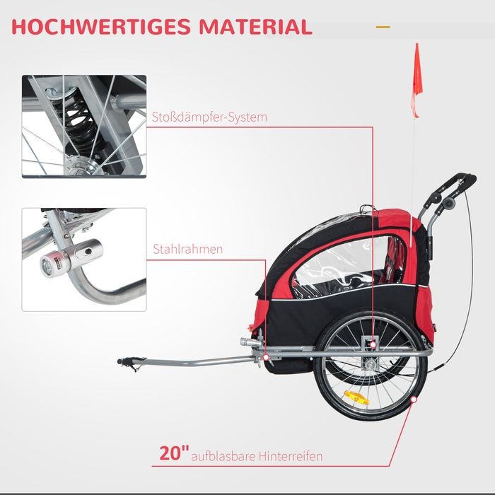 Produktbild Swisshandel24 Kinderanhänger für 2 Kinder Regenschutz atmungsaktiv Oxfordgewebe Rot 155x88x108cm