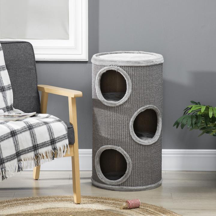 Actual product image PawHut Scratching bin with 3 caves (70 cm, Light grey)