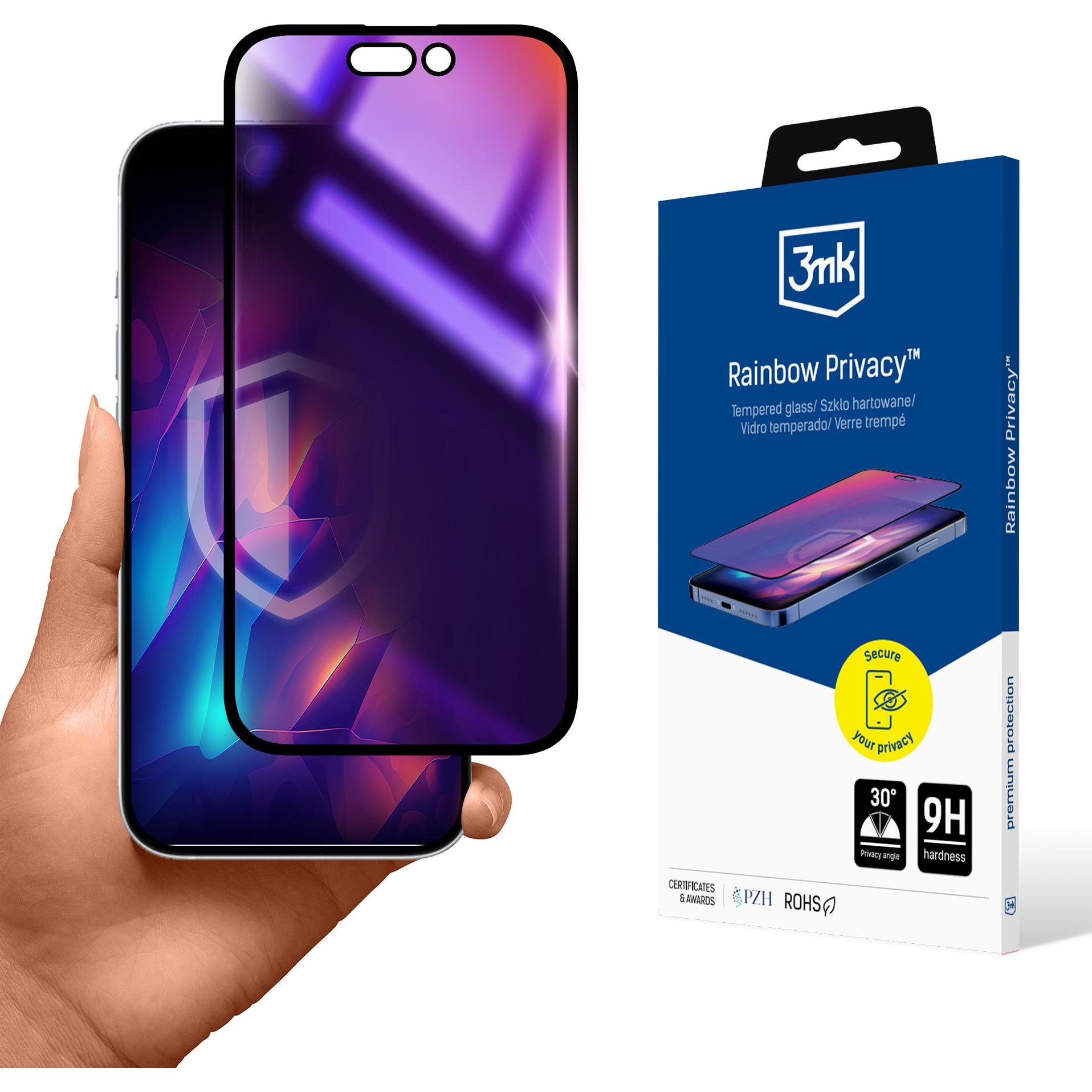 3MK Rainbow Privacy iPhone 14 Pro (1 Stück, Apple iPhone 14 Pro), Smartphone Schutzfolie, Schwarz, Transparent