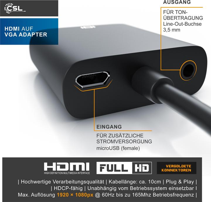 Produktbild CSL HDMI auf VGA, 3,5mm Klinke Audio- & Video-Adapter, 10 cm, Konverterkabel 1080p, digital zu analog (VGA, 20 cm)